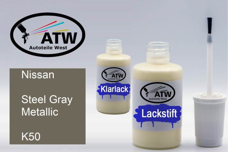 Nissan, Steel Gray Metallic, K50: 20ml Lackstift + 20ml Klarlack - Set, von ATW Autoteile West.